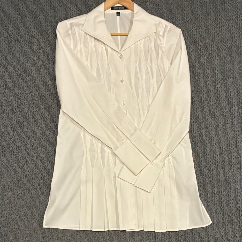 White Pleated Front Button-Down Blouse - image 1